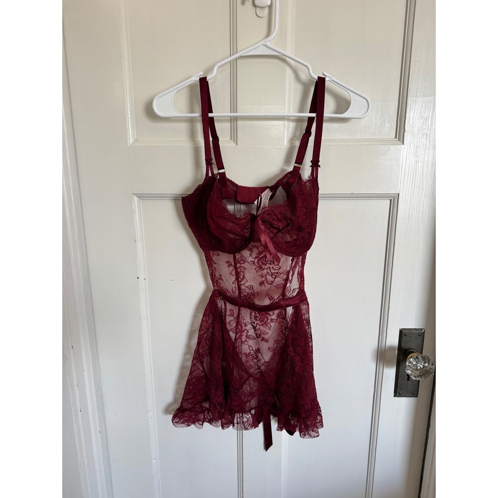 Victoria's Secret burgundy red lace lingerie tie back slip size xl